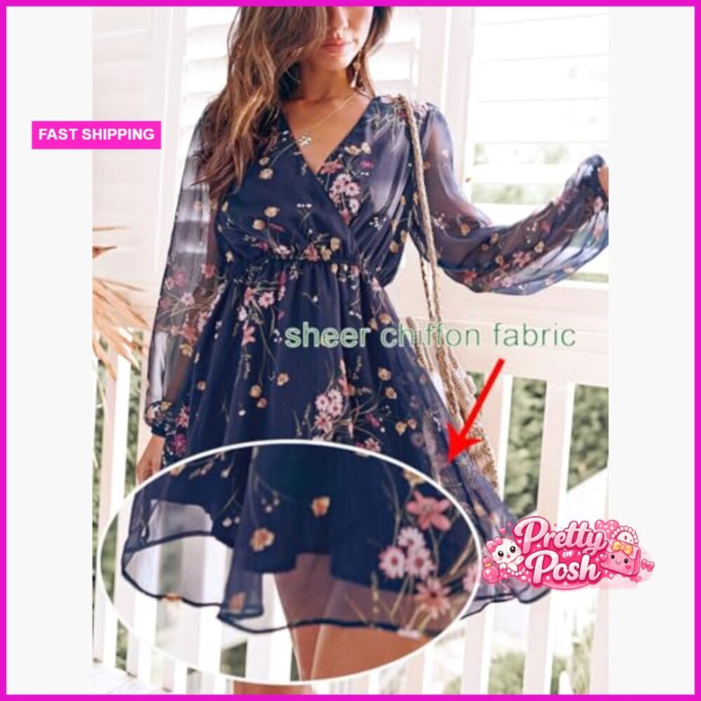 Chiffon V-Neck Mini Dress with Long Peasant Sleeves, Elastic Waist - Picture 4 of 7